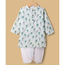 Babyhug 100% Cotton Cambric Woven Full Sleeves Feather Printed Kurta Dhoti Set - White