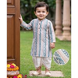 Babyhug 100% Cotton Cambric Woven Full Sleeves Printed Kurta Dhoti Set - Off White