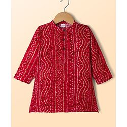 Babyhug 100% Cotton Cambric Woven Full Sleeves Bandhani Printed Kurta Dhoti Set - Dark Red & Wite