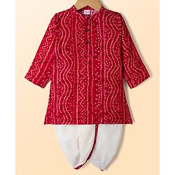 Babyhug 100% Cotton Cambric Woven Full Sleeves Bandhani Printed Kurta Dhoti Set - Dark Red & Wite