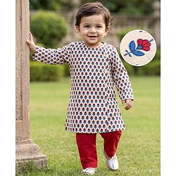 Babyhug 100% Cotton Cambric Woven Full Sleeves Floral Printed Kurta Pyjama Set -Off White