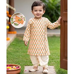 Babyhug 100% Cotton Cambric Woven Full Sleeves Kurta Dhoti Set with Floral Print - Off White