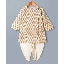 Babyhug 100% Cotton Cambric Woven Full Sleeves Kurta Dhoti Set with Floral Print - Off White