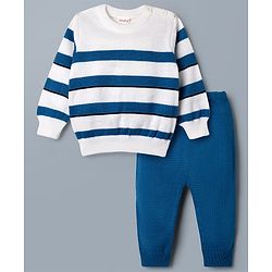 Babyhug Knit Full Sleeves Striped Sweater Set - Blue & White