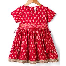 Babyhug 100% Cotton Woven Half Sleeves Hakkoba Printed Ethnic Dress - Red