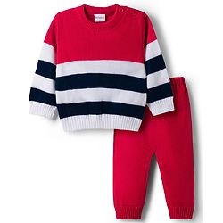 Babyhug Knit Full Sleeves Striped Sweater Set - Navy Blue & Red