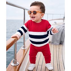 Babyhug Knit Full Sleeves Striped Sweater Set - Navy Blue & Red