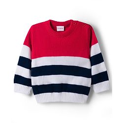 Babyhug Knit Full Sleeves Striped Sweater Set - Navy Blue & Red