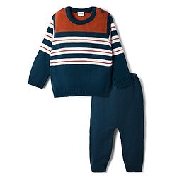 Babyhug Knit Full Sleeves Striped  Sweater Set - Rust & Navy