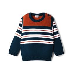 Babyhug Knit Full Sleeves Striped  Sweater Set - Rust & Navy