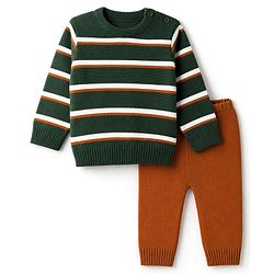 Babyhug Knit Full Sleeves Striped Sweater Set - Dark Green