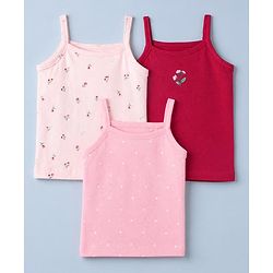 Babyhug 100% Cotton Single Jersey Knit Sleeveless Slips with Floral Print & Polka Dots Pack of 3 - Pink & Red
