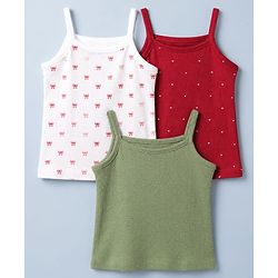 Babyhug 100% Cotton Single Jersey Knit Slips with Singlet and Bow Hearts Print Pack of 3 - Red White Olive Green
