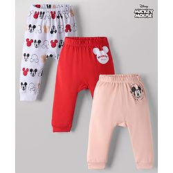 Babyhug Disney 100% Cotton Interlock Knit Full Length Diaper Leggings with Mickey Mouse Print Pack Of 3 - White, Red & Peach