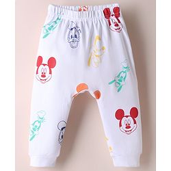 Babyhug Disney 100% Cotton Interlock Knit Full Length Diaper Leggings with Mickey Mouse Print Pack Of 2 - White & Light Blue
