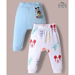 Babyhug Disney 100% Cotton Interlock Knit Full Length Diaper Leggings with Mickey Mouse Print Pack Of 2 - White & Light Blue