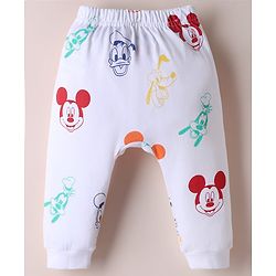 Babyhug Disney 100% Cotton Interlock Knit Full Length Diaper Leggings with Mickey Mouse Print Pack Of 2 - White & Light Blue
