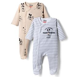 Babyhug Disney 100% Cotton Interlock Knit Front Open Full Sleeves Footed Sleep Suits with Stripes and Mickey Mouse Graphic Print Pack of 2 - Tan & White