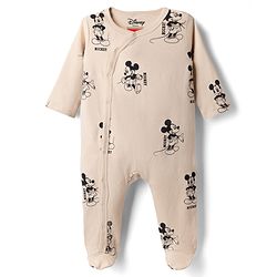 Babyhug Disney 100% Cotton Interlock Knit Front Open Full Sleeves Footed Sleep Suits with Stripes and Mickey Mouse Graphic Print Pack of 2 - Tan & White