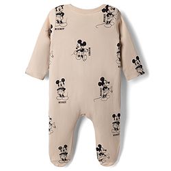Babyhug Disney 100% Cotton Interlock Knit Front Open Full Sleeves Footed Sleep Suits with Stripes and Mickey Mouse Graphic Print Pack of 2 - Tan & White