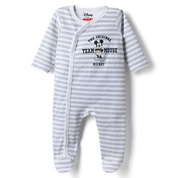 Babyhug Disney 100% Cotton Interlock Knit Front Open Full Sleeves Footed Sleep Suits with Stripes and Mickey Mouse Graphic Print Pack of 2 - Tan & White