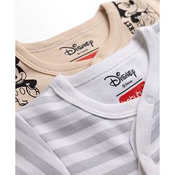Babyhug Disney 100% Cotton Interlock Knit Front Open Full Sleeves Footed Sleep Suits with Stripes and Mickey Mouse Graphic Print Pack of 2 - Tan & White