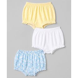Babyhug 100% Cotton Single Jersey Knit Antibacterial Bloomers with Floral Bunny Print & Stripes Pack of 3 - White Yellow Blue