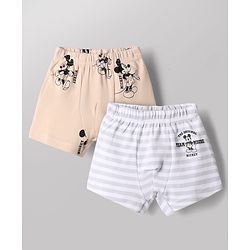 Babyhug Disney 100% Cotton Interlock Knit Trunks with Stripes & Mickey Mouse Print Pack of 2 - White & Peach