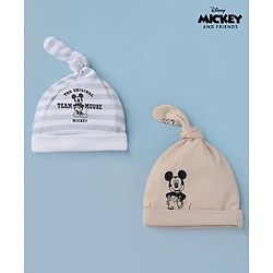 Babyhug Disney 100% Cotton Interock Knit Cap With Mickey Mouse Graphic Pack of 2 White - Diameter 14.5 cm
