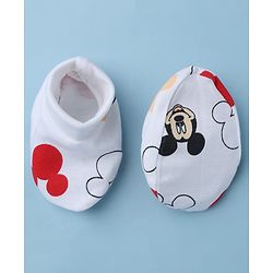 Babyhug Disney 100% Cotton Interlock Knit Cap Mittens & Booties with Mickey Mouse Graphic Print White - Diameter 14.5 cm