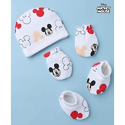 Babyhug Disney 100% Cotton Interlock Knit Cap Mittens & Booties with Mickey Mouse Graphic Print White - Diameter 14.5 cm