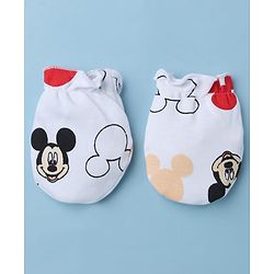 Babyhug Disney 100% Cotton Interlock Knit Cap Mittens & Booties with Mickey Mouse Graphic Print White - Diameter 14.5 cm