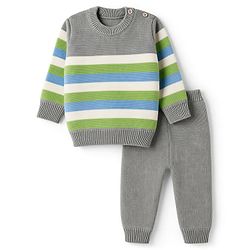 Babyhug Knit Full Sleeves Striped Sweater Set - Light Green & Grey