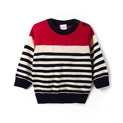 Babyhug Knit Full Sleeves Striped Sweater Set - Navy Blue & Red