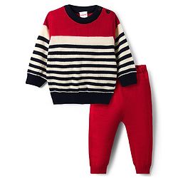 Babyhug Knit Full Sleeves Striped Sweater Set - Navy Blue & Red