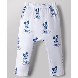 Babyhug Disney 100% Cotton Interlock Knit Full Length Striped Diaper Leggings with Mickey Mouse Graphic Print Pack of 3 - White, Light Blue & Navy Blue