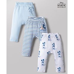 Babyhug Disney 100% Cotton Interlock Knit Full Length Striped Diaper Leggings with Mickey Mouse Graphic Print Pack of 3 - White, Light Blue & Navy Blue