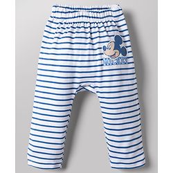 Babyhug Disney 100% Cotton Interlock Knit Full Length Striped Diaper Leggings with Mickey Mouse Graphic Print Pack of 3 - White, Light Blue & Navy Blue