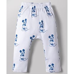 Babyhug Disney 100% Cotton Interlock Knit Full Length Striped Diaper Leggings with Mickey Mouse Graphic Print Pack of 3 - White, Light Blue & Navy Blue