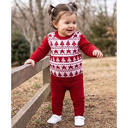 Babyhug Knit Full Sleeves Christmas Theme Printed Sweater Set - Red