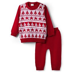 Babyhug Knit Full Sleeves Christmas Theme Printed Sweater Set - Red