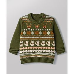 Babyhug  Knit Full Sleeves Sweater Set with Animal Design - Green