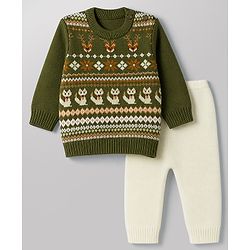 Babyhug  Knit Full Sleeves Sweater Set with Animal Design - Green