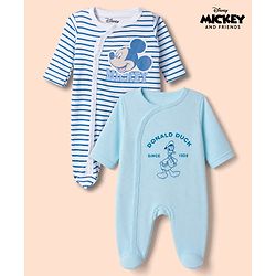 Babyhug Disney 100% Cotton Interlock Knit Full Sleeves Footed Sleepsuit With Mickey Mouse Print Pack Of 2 - Blue