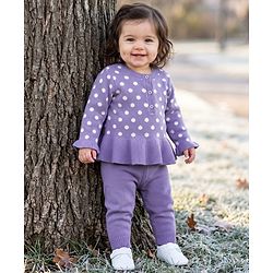 Babyhug Knit A-Line Full Sleeves Sweater Set with Polka Dot Design - Lavender
