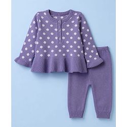 Babyhug Knit A-Line Full Sleeves Sweater Set with Polka Dot Design - Lavender