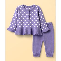 Babyhug Knit A-Line Full Sleeves Sweater Set with Polka Dot Design - Lavender