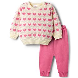 Babyhug Knit Full Sleeves Sweater Set With Hearts Design - Pink