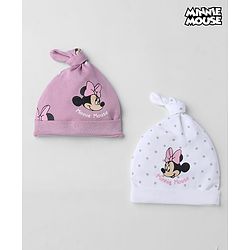 Babyhug Disney 100% Cotton Interlock Knit Pony Cap with Polka Dots & Minnie Mouse Print Pack of 2 White & Pink - Diameter 14 cm