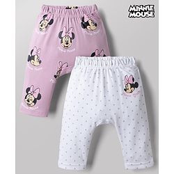 Babyhug Disney 100% Cotton Interlock Knit Full Length Striped Diaper Leggings with Minnie Mouse Graphic & Polka Dots Print Pack of 2 - White & Pink